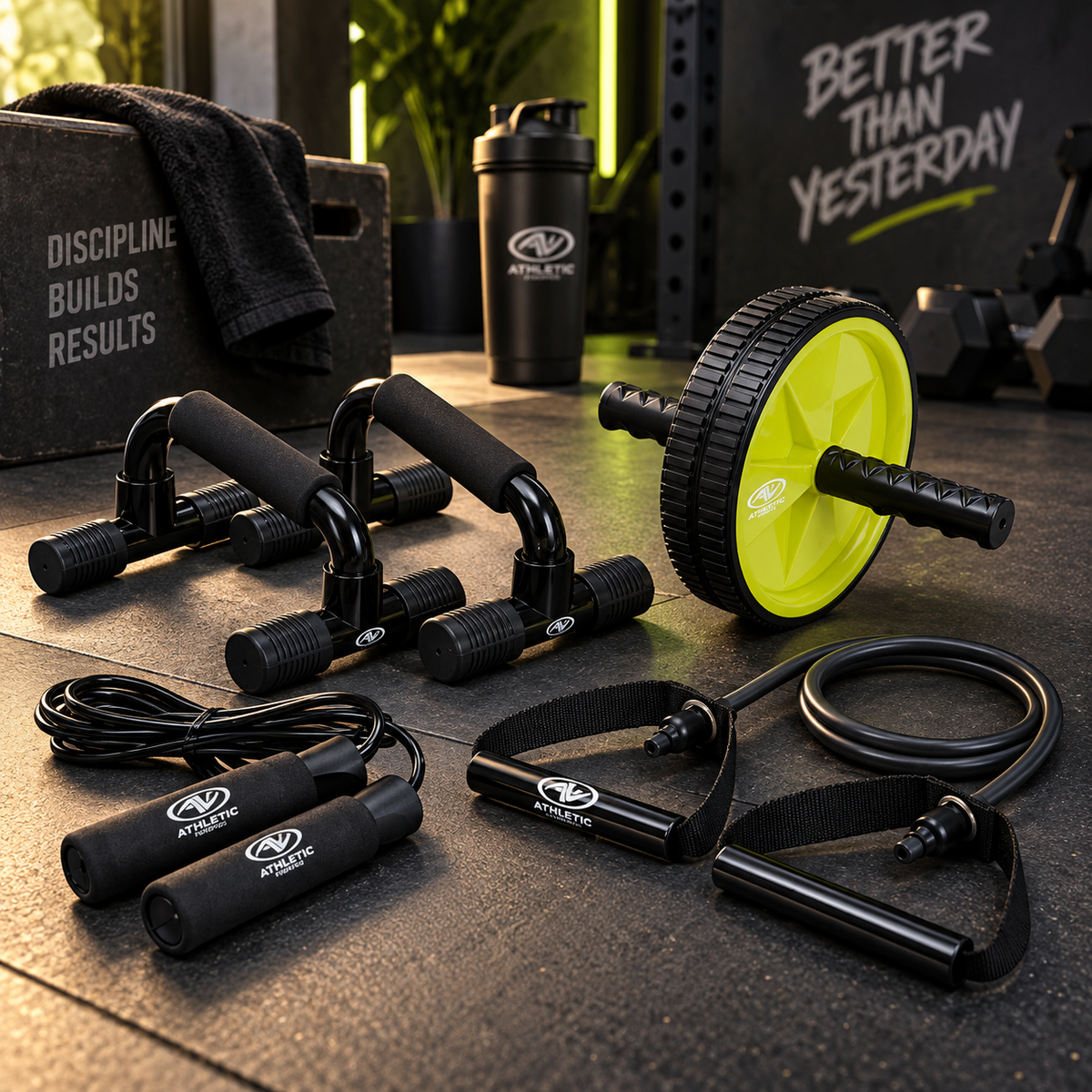 Home Gym Kit, Includes Resistance Tube, Ab Wheel, Jump Rope and Push-Up Bars